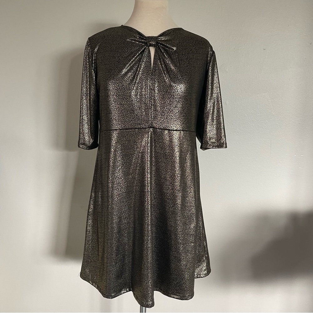 Matrushka Metallic Short Sleeve Dress with Bow Detail